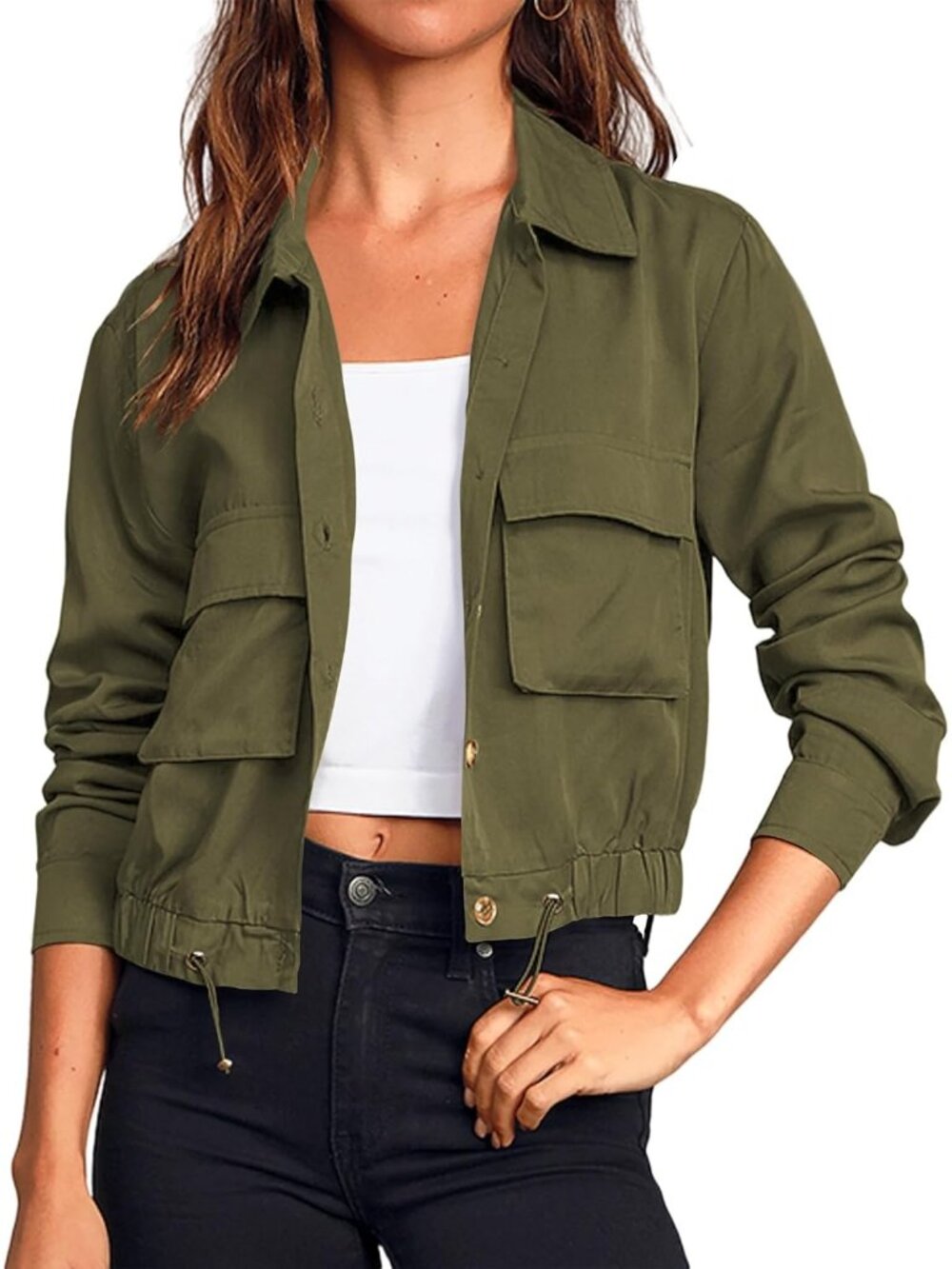 〽️Women's Dark Green Cropped Military Utility Jacket with Pockets